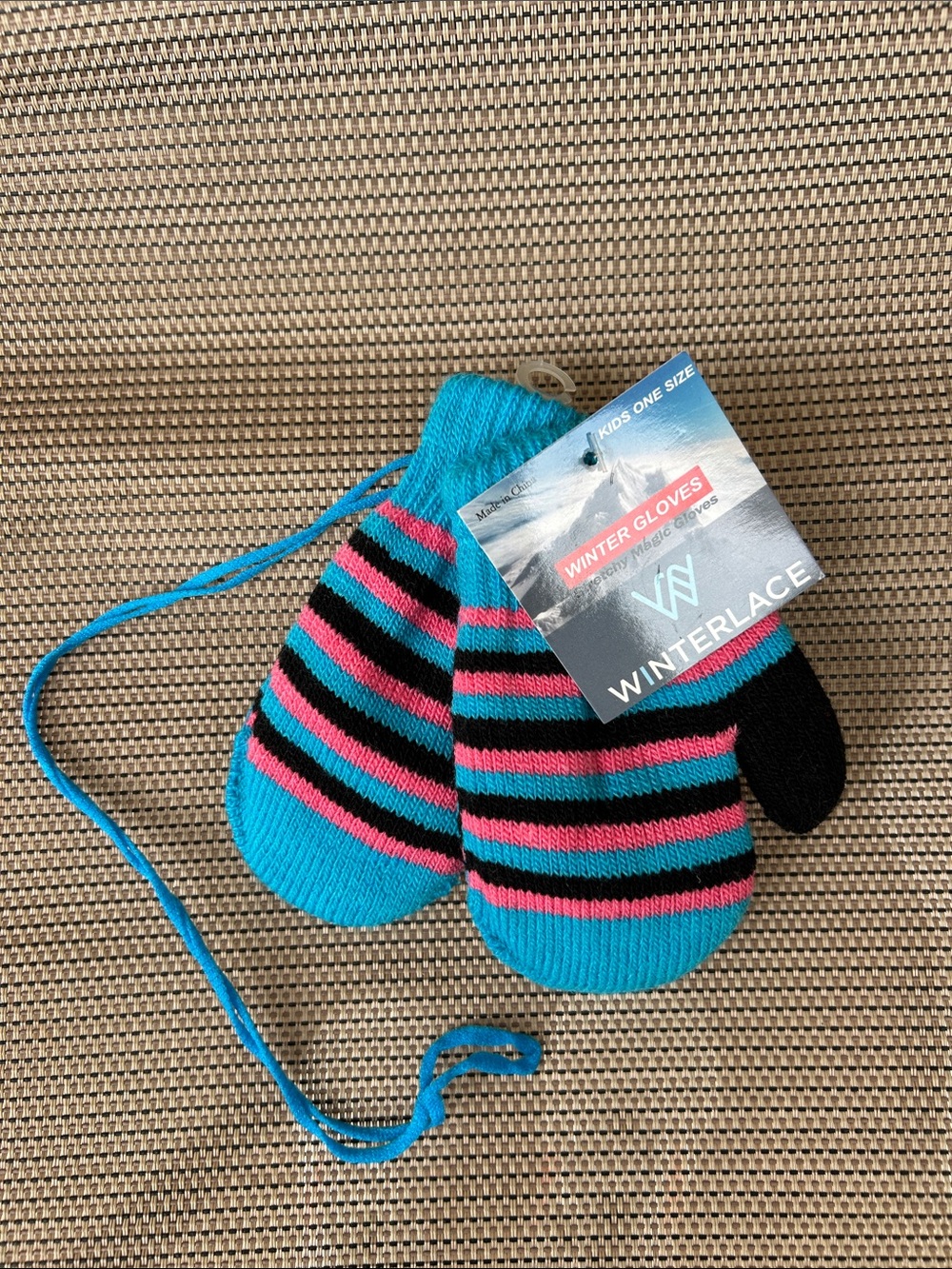 Kids Striped Mittens in Turquoise, Pink & Black